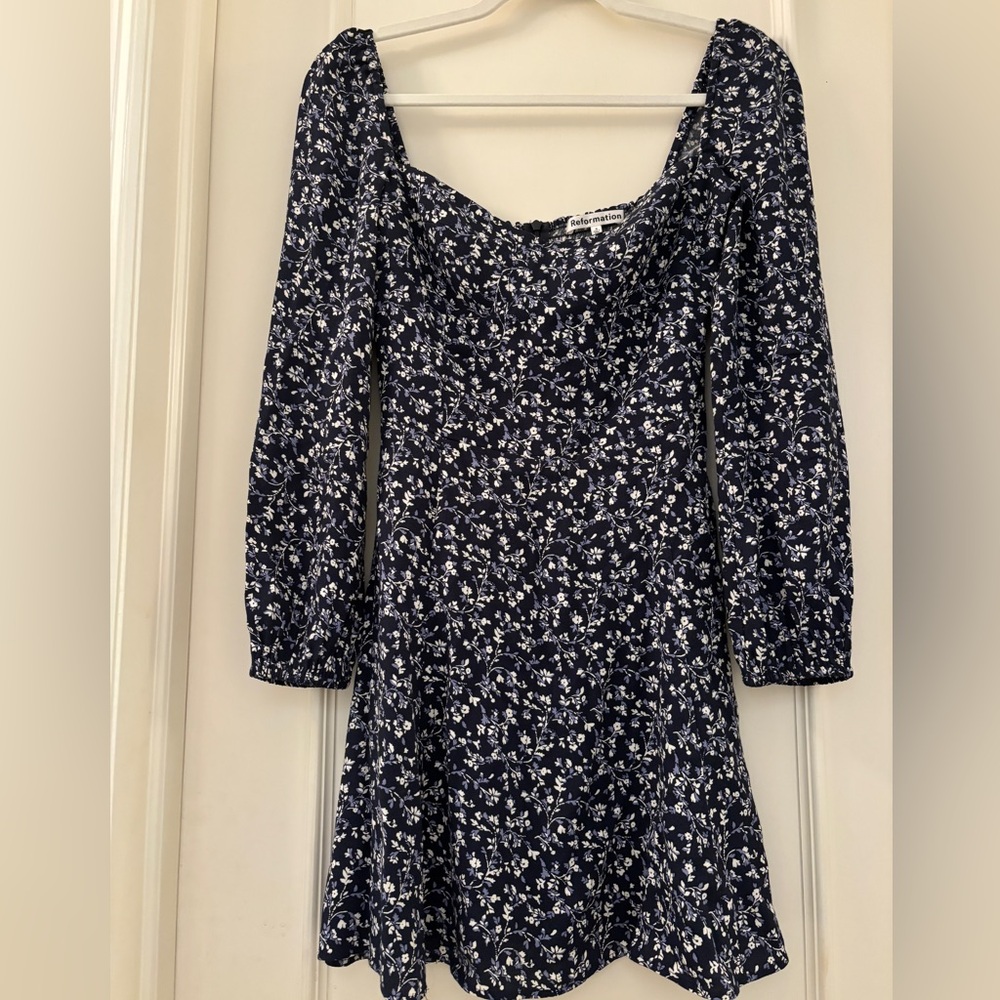 Reformation Mochi Dress Size 4 Long Sleeve Navy White